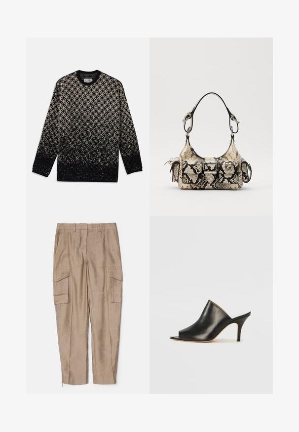 Knit sweater featuring a diamond pattern in beige and black, with a gradual color fade. Crew neckline and long sleeves. Soft texture.; White cotton T-shirt with short sleeves, featuring subtle embossed "HELMUT LANG" logo across the chest. Round neckline, smooth texture.; Beige cargo pants featuring a relaxed fit, multiple side pockets, and zip accents at the ankle. Made from a lightweight texture.; Black leather open-toe mule with a sleek, curved design, high stiletto heel, and smooth texture. The interior features a contrasting light color.; Python-print handbag in beige and black, featuring a structured shape, buckle detail, and dual shoulder straps. Textured surface.