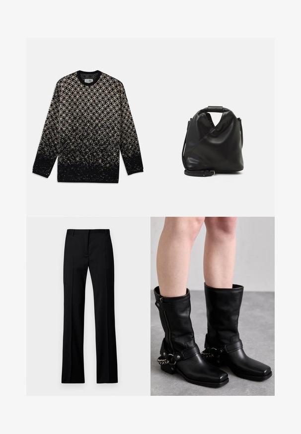 Megztinis su deimanto raštu smėlinės ir juodos spalvos, su laipsnišku spalvų perėjimu. Apvalia iškirpte ir ilgomis rankovėmis. Minkšta tekstūra.; Juodi tiesūs kelnės iš lygios medžiagos, su lygiu priekiu, dirželių kilpelėmis ir be matomų kišenių ar puošybos elementų.; Juodos odinės iki kelių siekiančios bootai su kvadratiniu pirštu, šoniniu užtrauktuku ir reguliuojama juosta, kuri turi metalinę grandinėlę. Matinis paviršius ir tvirta padas.; Juodas, minkštas odinis krepšys su unikaliu išsuktiniu dizainu. Yra trumpas rankenas ir nuimamas peties diržas. Minimalistinis stilius.