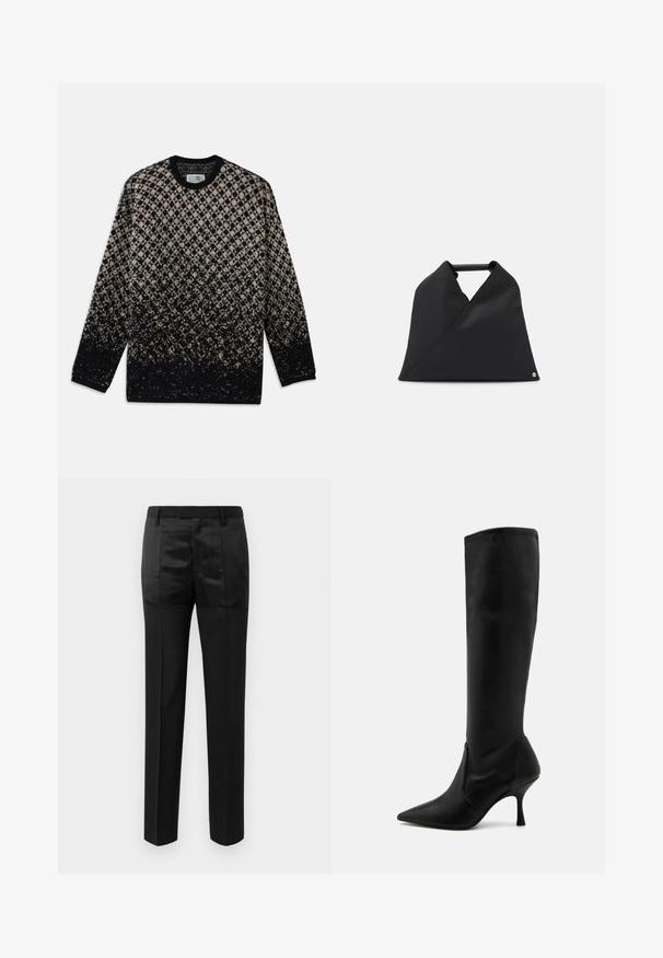 Suéter de punto con un patrón de diamantes en beige y negro, con un degradado de color. Cuello redondo y mangas largas. Textura suave.; Pantalones negros ajustados con perneras rectas y una cinturilla con presillas para cinturón, que presentan una mezcla de paneles de tejido mate y brillante.; Stuart Weitzman Botas - black; Bolso de cuero negro con un diseño asimétrico y una superficie texturizada. Tiene un asa sencilla y un acento sutil del logo.