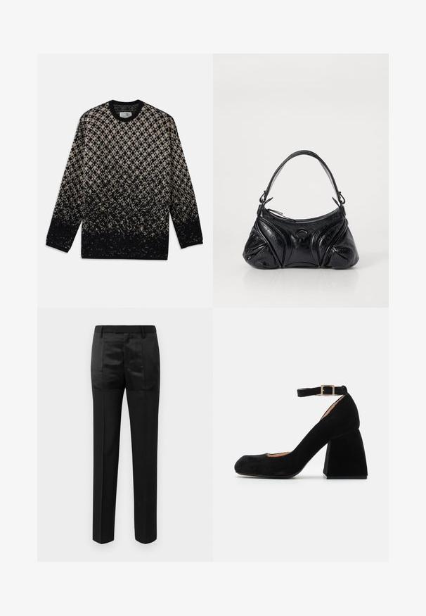 Adītā džemperis ar dimanta rakstu bēšā un melnā krāsā, ar pakāpenisku krāsu pāreju. Apaļā izgriezuma un garām piedurknēm. Mīksta tekstūra.; Melni pielāgoti bikses ar taisnām kājām un jostu ar cilpiņām, kas ietver matētu un spīdīgu audumu paneļus.; Melnas zamša zābaku kurpes ar papēdi un potītes siksniņu, kurai ir kvadrātveida metāla sprādze. Apaļš purngals un teksturēta virsma.; Melna soma, kas izgatavota no strukturētas ādas ar noapaļotu formu. Tajā ir plāna plecu siksna un dekoratīvi reljefi raksti.