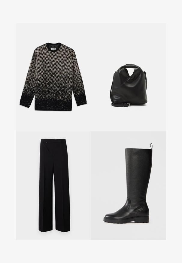Sweter dzianinowy z wzorem w romby w odcieniach beżu i czerni, z stopniowym przejściem kolorów. Okrągły dekolt i długie rękawy. Miękka tekstura.; Czarne spodnie o szerokich nogawkach z płaskim przodem, z zapięciem na guziki i gładką teksturą tkaniny. Charakteryzują się prostym krokiem i wyraźnymi liniami.; Czarne botki do kolan wykonane z fakturowanej skóry, z okrągłym noskiem, solidną gumową podeszwą z przyczepnością oraz pętelką u góry.; Czarna, miękka skórzana torba o unikalnym skręconym wzorze. Posiada krótki uchwyt oraz odpinany pasek na ramię. Styl minimalistyczny.