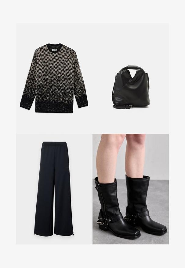Maglione lavorato a maglia con un motivo a rombi in beige e nero, con una sfumatura di colore graduale. Collo a giro e maniche lunghe. Texture morbida.; Pantaloni neri a gamba larga in rete con vita elasticizzata e piccoli dettagli con zip all'orlo, presentati su uno sfondo bianco.; Stivali alti in pelle nera fino al ginocchio con punta quadrata, cerniera laterale e nastro regolabile con un accento in catena metallica. Finitura opaca e suola robusta.; Borsa nera in pelle morbida con un design unico e attorcigliato. Presenta una maniglia corta e una tracolla removibile. Stile minimalista.