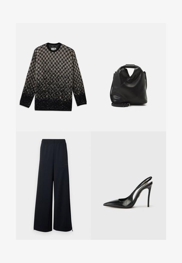 Adītā džemperis ar dimanta rakstu bēšā un melnā krāsā, ar pakāpenisku krāsu pāreju. Apaļā izgriezuma un garām piedurknēm. Mīksta tekstūra.; Melni plaši tīkliņveida bikses ar elastīgu jostu un mazām zipu detaļām pie apakšmalām, attēlotas uz baltas fona.; Melnas slingback kurpes ar smailu purngalu, teksturētu čūskas rakstu, stiletto papēdi un dekoratīvu sprādzi uz siksniņas.; Melnas, mīkstas ādas soma ar unikālu savērptu dizainu. Iespējo īsu rokturi un noņemamu plecu siksnu. Minimalistisks stils.