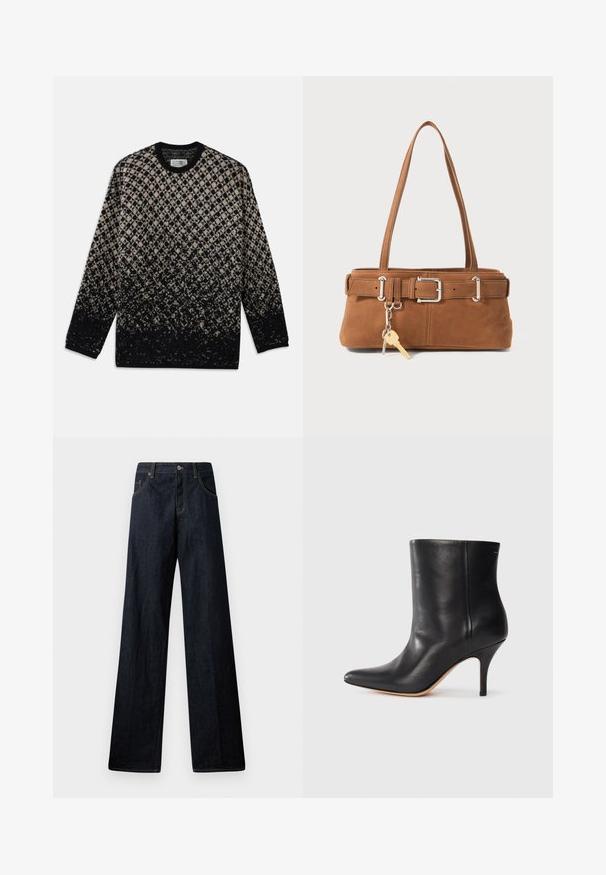 Gebreide trui met een diamantpatroon in beige en zwart, met een geleidelijke kleurverloop. Ronde hals en lange mouwen. Zachte textuur.; Wijdvallende donkere denim jeans met een knoopsluiting, voorzakken, contrasterende stiksels en een schone, mooie textuur.; Zwarte leren enkelboot met puntige neus, slanke stilettohak en een gladde textuur. Minimalistisch ontwerp zonder zichtbare hardware of accenten.; Bruine suède handtas met een gestructureerde vorm, zilverkleurige accenten, twee schouderbanden en een decoratieve sleutelhanger eraan bevestigd.