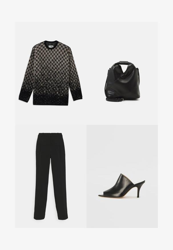 Pletený svetr s diamantovým vzorem v béžové a černé barvě, se stupňovitou změnou barev. Kulatý výstřih a dlouhé rukávy. Měkká struktura.; Černé kalhoty na míru se střihem rovného nohavice, vysokým pasem, sklady a hladkou texturou látky.; Černé kožené otevřené muly s elegantním, zakřiveným designem, vysokým jehlovým podpatkem a hladkou texturou. Interiér má kontrastní světlou barvu.; Černá, měkká kožená taška s unikátním zkrouceným designem. Obsahuje krátkou rukojeť a odnímatelný ramenní popruh. Minimalistický styl.