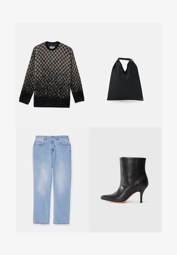 Pletený svetr s diamantovým vzorem v béžové a černé barvě, se stupňovitou změnou barev. Kulatý výstřih a dlouhé rukávy. Měkká struktura.; Světlé modré džíny z denimu s rovnými nohavicemi, které mají pět kapes, zapínání na knoflík a zip a minimální vyblednutí.; Černá kožená kotníková bota s špičatou špičkou, štíhlým jehlovým podpatkem a hladkým povrchem. Minimalistický design bez viditelného hardwaru nebo akcentů.; MM6 Maison Margiela SMALL JAPANESE - Velká kabelka - black
