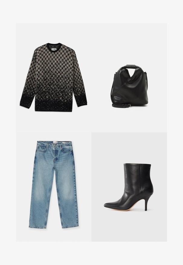 Knit sweater featuring a diamond pattern in beige and black, with a gradual color fade. Crew neckline and long sleeves. Soft texture.; Light blue straight-leg jeans with a faded finish, featuring five pockets, belt loops, and a zip fly closure. Cotton denim material.; Black leather ankle boot with pointed toe, slim stiletto heel, and smooth texture. Minimalist design with no visible hardware or accents.; Black, soft leather bag with a unique twisted design. Features a short handle and a detachable shoulder strap. Minimalist style.