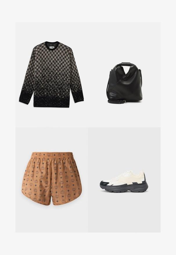 Kötött pulóver bézs és fekete gyémántmintával, fokozatos színátmenettel. Kerek nyakkivágás és hosszú ujjú. Puha tapintású.; Barna rövidnadrág, amelyet teljes felületén logómintázat díszít sötétkék gyémánt részletekkel, rugalmas derékkal és könnyű, texturált anyagból készült.; Tejszínes és fekete színkombinációval készült sportcipő, vastag, texturált talppal, sima és velúr anyagok kombinációjával.; Fekete, puha bőr táska egyedi csavaros dizájnnal. Rövid fogantyúval és levehető vállpánttal rendelkezik. Minimalista stílusú.