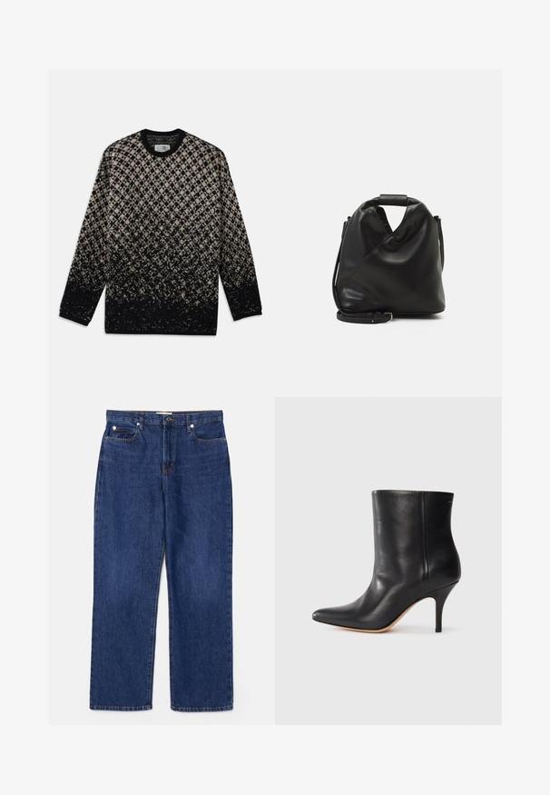 Kötött pulóver bézs és fekete gyémántmintával, fokozatos színátmenettel. Kerek nyakkivágás és hosszú ujjú. Puha tapintású.; Sötétkék farmernadrág magas derékkal, egyenes lábbal, öt zsebbel és ezüst sztereókkal. Finom elhalványulásokkal és varrott varrásokkal rendelkezik.; Fekete bőr bokacsizma hegyes orral, karcsú tűs sarkal és sima textúrával. Minimális dizájn, látható fémrészek vagy díszítések nélkül.; Fekete, puha bőr táska egyedi csavaros dizájnnal. Rövid fogantyúval és levehető vállpánttal rendelkezik. Minimalista stílusú.