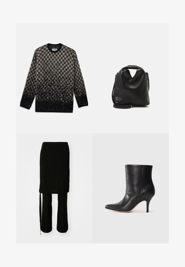 Strickpullover mit diamantartigem Muster in Beige und Schwarz, mit einem allmählichen Farbverlauf. Rundhalsausschnitt und lange Ärmel. Weiche Textur.; Schwarzes Zweiteiler-Outfit mit einem langen Rock mit seitlichem Bindeband und lockeren Hosen. Hergestellt aus glattem Stoff mit fließendem Design.; Schwarze Leder-Ankle Boots mit spitzem Zeh, schlankem Stiletto-Absatz und glatter Textur. Minimalistisches Design ohne sichtbare Beschläge oder Akzente.; Schwarze, weiche Ledertasche mit einem einzigartigen verdrehten Design. Hat einen kurzen Griff und einen abnehmbaren Schultergurt. Minimalistischer Stil.