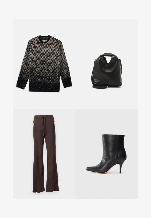 Striktrøje med et diamantmønster i beige og sort, med en gradvis farveovergang. Rund hals og lange ærmer. Blød tekstur.; Brune ribbede lårnede bukser med snøre i taljen og dekorativ syning langs siderne. Blød tekstur med en afslappet pasform.; Sort læder ankelstøvle med spids tå, slank stiletthæl og glat tekstur. Minimalistisk design uden synligt hardware eller accenter.; Sort, blødt lædertaske med et unikt snoet design. Har et kort håndtag og en aftagelig skulderrem. Minimalistisk stil.