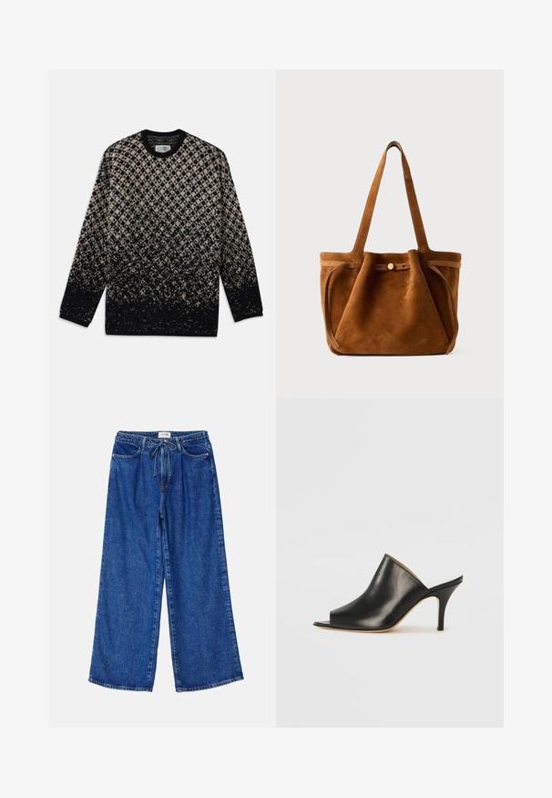 Knit sweater featuring a diamond pattern in beige and black, with a gradual color fade. Crew neckline and long sleeves. Soft texture.; Blue wide-leg jeans made of denim, featuring an elastic waistband with a drawstring, two front pockets, and a loose fit.; Black leather open-toe mule with a sleek, curved design, high stiletto heel, and smooth texture. The interior features a contrasting light color.; Brown suede tote bag with dual handles, a button closure strap, and a relaxed, slightly slouchy shape.