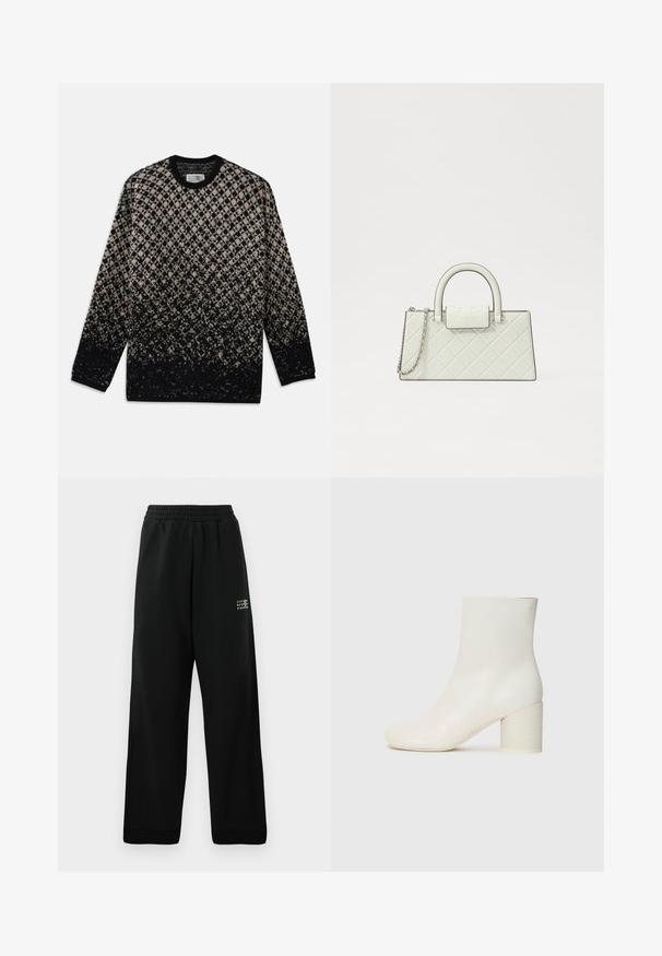 Pulover tricotat cu un model în diamant în nuanțe de bej și negru, cu o degradare graduală a culorilor. Guler rotund și mâneci lungi. Textură moale.; Pantaloni de trening negri dintr-un material moale, cu o croială lejeră, talie elastică și un mic logo alb imprimerat pe lateral.; Gheată albă din piele până la gleznă, cu vârf rotund și toc cilindric gros. Textură netedă, design minimal, fără hardware sau tipare vizibile.; Geantă albă matlasată cu un design structurat, mânere superioare, curea din lanț detașabilă și un logo reliefat pe închidere.