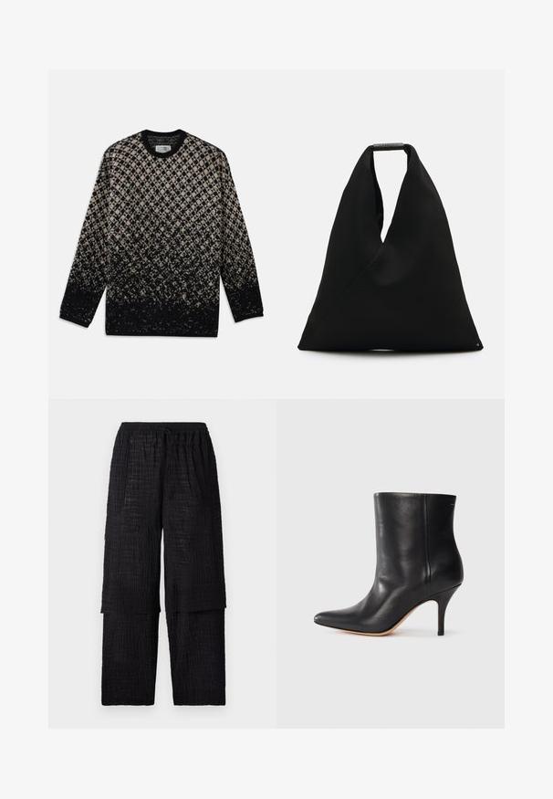 Kootud sviiter, millel on beez ja musta värvi teemantmuster ning järkjärguline värvifadeerumine. Ümar kaelus ja pikad varrukad. Pehme tekstuur.; Henrik Vibskov SHANTS PANTS - Püksid - black; Must musta jalatsid terava ninaga, õhukese stiletto kontsaga ja siledast nahast. Minimalistlik disain ilma nähtava riistvarata või aksessuaarideta.; Must mustre tote-kott, millel on ainulaadne V-kujuline disain ja sile tekstuur. Varustatud lühikese käepidemega, kus on minimalismiga varustatud riistvara detail.
