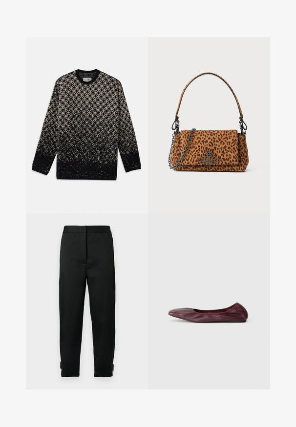 Pletený sveter s diamantovým vzorom v béžovej a čiernej farbe, s postupným farebným prechodom. Výstrih do crew a dlhé rukávy. Jemná textúra.; Čierne zúžené nohavice z hladkej látky, s opaskom, bočnými vreckami a zipsom na leme pre nastaviteľné prispôsobenie.; Balerínky v hlbokom burgundskom koži, s zaoblenou špičkou, elastickým okrajom a hladkým povrchom so subtilným detailom skladania.; Listová taška s leopardím vzorom vyrobená z semišu, má krátku rukoť, reťazový popruh a čierny kovový uzáver. Má obdĺžnikový tvar a uzatváranie na klapku.