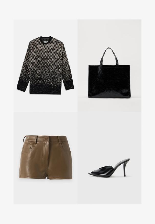 Kötött pulóver bézs és fekete gyémántmintával, fokozatos színátmenettel. Kerek nyakkivágás és hosszú ujjú. Puha tapintású.; Barna műbőr rövidnadrág, testhez álló szabással, övlyukakkal ellátott derekkal, elülső zsebekkel és látható varrási részletekkel.; Fekete bőr, nyitott orrú, hegyes kialakítású, sima textúrájú, és karcsú tűsarokkal rendelkező magassarkú mules.; Fekete bevásárlótáska fényes, texturált felülettel. Két masszív füllel rendelkezik, és a elülső oldalon dombornyomott logó található, téglalap alakú.
