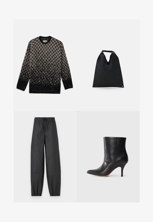 Knit sweater featuring a diamond pattern in beige and black, with a gradual color fade. Crew neckline and long sleeves. Soft texture.; Black, loose-fitting athletic pants with an elastic waistband and drawstring. Features tapered cuffs and flat seams for a smooth finish.; Black leather ankle boot with pointed toe, slim stiletto heel, and smooth texture. Minimalist design with no visible hardware or accents.; MM6 Maison Margiela SMALL JAPANESE - Tote bag - black