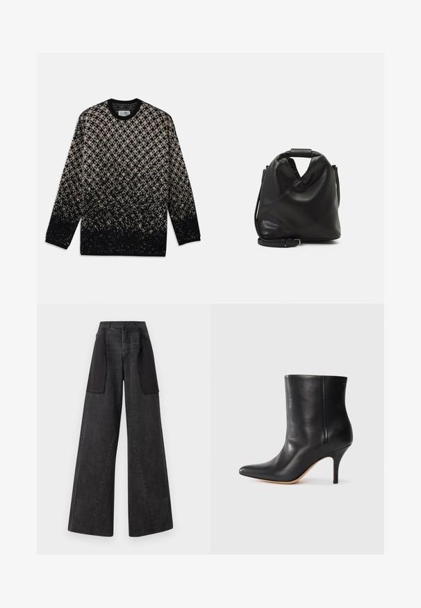Sweter dzianinowy z wzorem w romby w odcieniach beżu i czerni, z stopniowym przejściem kolorów. Okrągły dekolt i długie rękawy. Miękka tekstura.; Szerokie dżinsy z ciemnego denimu z czarnymi panelami materiałowymi po bokach, z wysokim stanem i widocznymi detalami ściegów.; Czarne skórzane botki za kostkę z wyciągniętym noskiem, smukłym obcasem w stylu stiletto i gładką teksturą. Minimalistyczny design bez widocznych elementów metalowych czy akcentów.; Czarna, miękka skórzana torba o unikalnym skręconym wzorze. Posiada krótki uchwyt oraz odpinany pasek na ramię. Styl minimalistyczny.