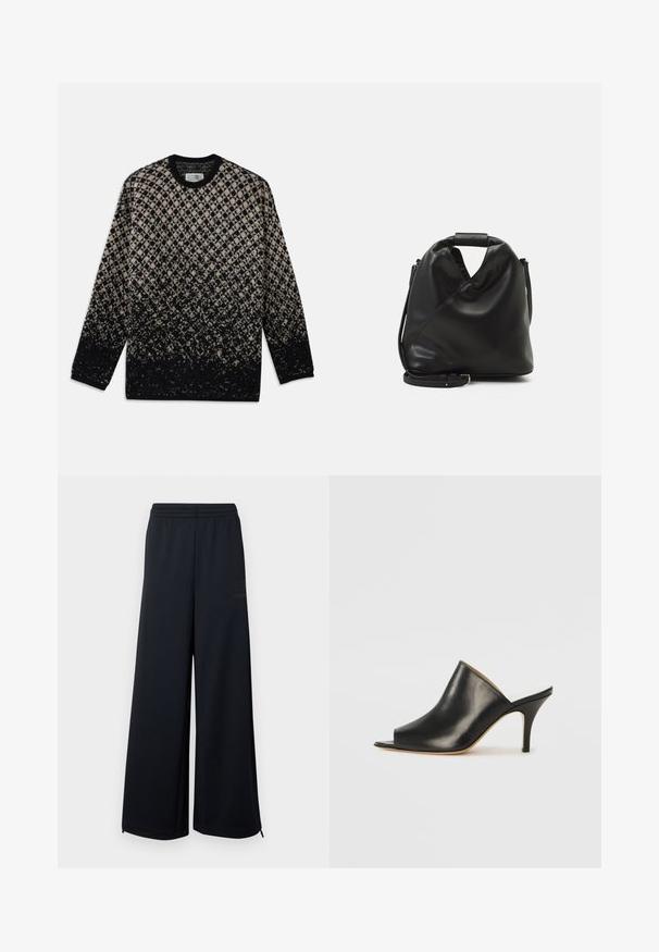 Adītā džemperis ar dimanta rakstu bēšā un melnā krāsā, ar pakāpenisku krāsu pāreju. Apaļā izgriezuma un garām piedurknēm. Mīksta tekstūra.; Melni plaši tīkliņveida bikses ar elastīgu jostu un mazām zipu detaļām pie apakšmalām, attēlotas uz baltas fona.; Melna ādas atvērta pirksta mule ar elegantu, izliekta dizaina, augstu stiletto papēdi un gludu tekstūru. Iekšpusei ir kontrastējoša gaiša krāsa.; Melnas, mīkstas ādas soma ar unikālu savērptu dizainu. Iespējo īsu rokturi un noņemamu plecu siksnu. Minimalistisks stils.