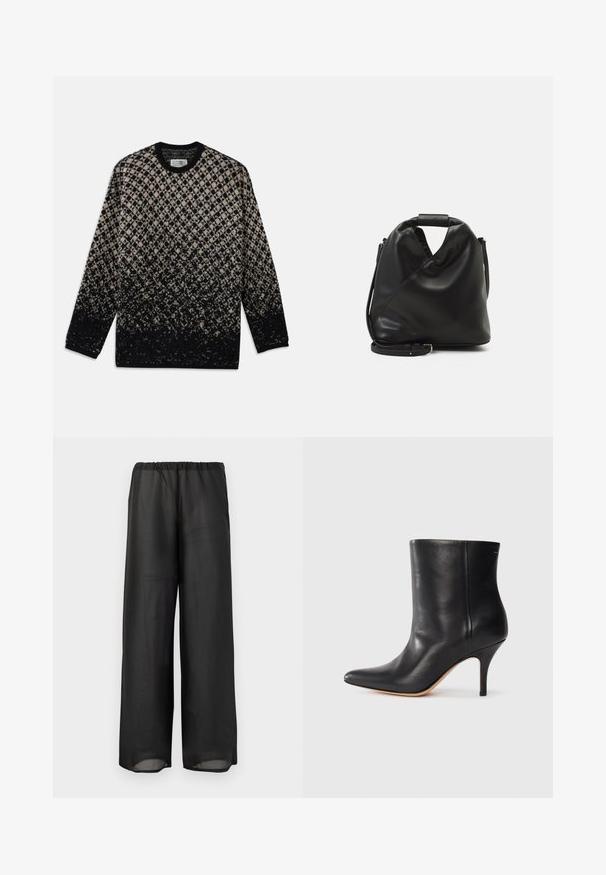 Pulover tricotat cu un model în diamant în nuanțe de bej și negru, cu o degradare graduală a culorilor. Guler rotund și mâneci lungi. Textură moale.; Pantaloni negri cu picioare largi, confecționați dintr-un material ușor, semi-transparent, cu talie elastică. Designul prezintă o siluetă fluidă și relaxată.; Botină neagră din piele cu vârf ascuțit, toc subțire de tip stiletto și textură netedă. Design minimalist fără hardware sau accente vizibile.; Geantă din piele moale, neagră, cu un design unic, răsucit. Dispune de o mânere scurtă și o curea de umăr detașabilă. Stil minimalist.