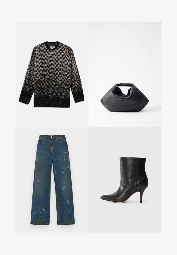 Kootud sviiter, millel on beez ja musta värvi teemantmuster ning järkjärguline värvifadeerumine. Ümar kaelus ja pikad varrukad. Pehme tekstuur.; Tumedast denimist laiad püksid, mis on kaunistatud värviplekkide detailidega. Klassikaline viie taskuga disain ja nööpkinnitus vööosas.; Must musta jalatsid terava ninaga, õhukese stiletto kontsaga ja siledast nahast. Minimalistlik disain ilma nähtava riistvarata või aksessuaarideta.; Must onnahkade kott, millel on tekstureeritud pind, ainulaadne kortsus kuju ja lühike käepide. Omab ühte peamist sektsiooni.