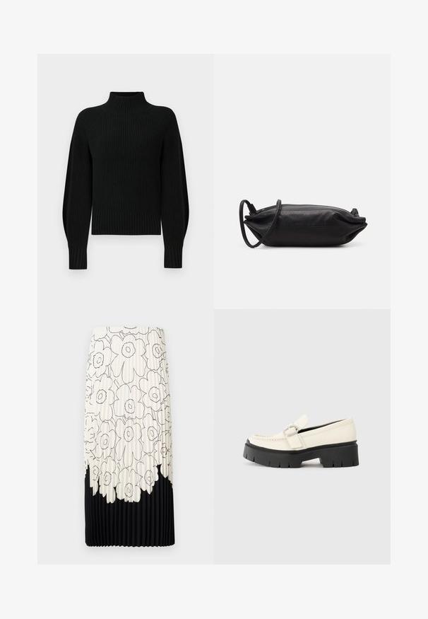 Pull en maille noire avec un col haut, une texture côtelée et des manches raglan. Le corps est légèrement court avec un ourlet côtelé épais.; Jupe plissée avec un motif floral en noir et blanc, présentant une partie supérieure claire avec des fleurs et un ourlet inférieur noir uni.; Loafer en cuir blanc avec une semelle plateforme noire épaisse, présentant une boucle rectangulaire en argent et des détails de couture visibles sur la tige.; Pochette en cuir noir de forme rectangulaire, texture lisse, fine bandoulière et design minimaliste.
