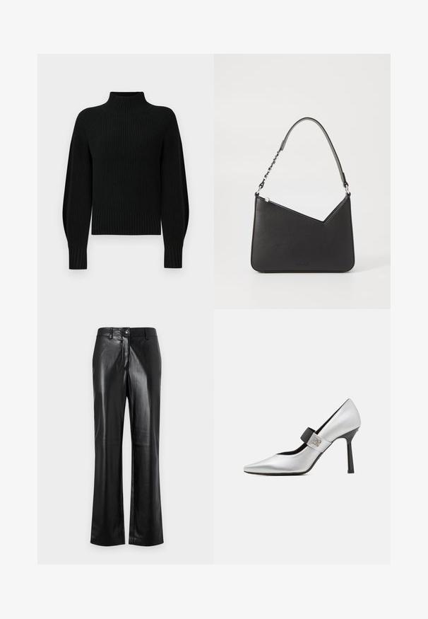 Juodas megztinis su aukšta apykakle, banguota tekstūra ir raglano rankovėmis. Kūnas šiek tiek sutrumpintas, su storu banguotu apdailos kraštu.; Juodos odinės kelnės su tiesiu kirpimu, turinčios priekinį sagos uždarymą, diržo kilpas ir glotnų, poliruotą paviršių.; Sidabrinė odinė aukštakulnių batų pora su smailiu pirštu, juodu dirželiu akcentu ir blizgiu paviršiumi, turinti aptakų siluetą ir ploną kulną.; Juodos odos rankinė trikampio formos, su siauru dirželiu ir sidabriniais aksesuarais. Yra užtrauktuko uždarymas ir iškilmingas logotipas priekyje.