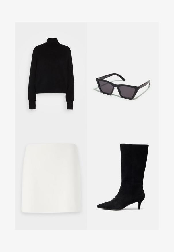 Pull en col roulé noir avec des manches longues, design cropped, texture tricotée et poignets ajustés. Simple, couleur unie sans motifs.; Jupe mini blanche ajustée avec une texture lisse et des lignes épurées. Pas de motifs ou de quincaillerie visibles. Ourlet droit en bas.; Bottine en suède noir avec un bout pointu, un talon fin et une texture lisse, présentant une silhouette ajustée sans quincaillerie visible.; Lunettes noires angulaires avec des verres gris ; fabriquées en plastique, avec des branches épaisses à la surface lisse et sans matériel visible.; Pochette en daim noir avec une fermeture éclair et une bandoulière amovible. Dotée de quincaillerie dorée et d'une texture lisse et mate.
