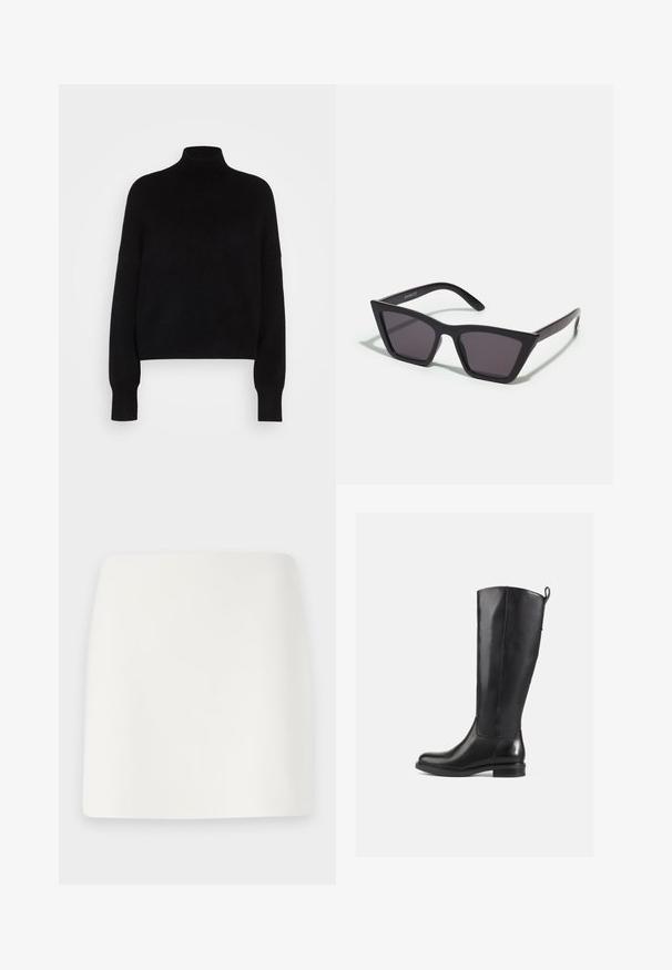 Melnā turtlenecka džemperis ar garām piedurknēm, īsā dizainā, adīts raksts un pieguļošas aproces. Vienkārša, vienkrāsaina bez rakstiem.; Balta, pieguļoša mini svārku ar gludu tekstūru un tīrām līnijām. Nav redzamu rakstu vai metalizācijas. Taisna apakšmala.; Ceļgala augstuma melni ādas zābaki ar gludu apdari, noapaļotu purngalu, zemu papēdi un cilpu aizmugurē. Minimalistisks dizains bez redzamām rakstu formām.; Melni, stūrveida saulesbrilles ar pelēkiem objektīviem; izgatavotas no plastmasas, ar biezām kājām, kam ir gluda virsma un nav redzamu stiprinājumu.; Melnas zamšādas gēlu somiņa ar rāvējslēdzēju un noņemamu plaukstas siksniņu. Ar zelta tonis aparatūru un gludu, matētu tekstūru.