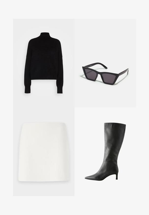 Zwarte coltrui met lange mouwen, cropped ontwerp, gebreide textuur en aansluitende manchetten. Eenvoudig, effen kleur zonder patronen.; Witte, getailleerde mini-jurk met een gladde textuur en strakke lijnen. Geen zichtbare patronen of hardware. Rechte zoom aan de onderkant.; Zwarte leren kniehoge laars met een puntige neus, een gladde afwerking en een lage, stabiele hak. Kenmerkt zich door een slanke, strakke pasvorm.; Zwarte, hoekige zonnebril met grijze lenzen; gemaakt van plastic, met dikke armen met een gladde oppervlakte en zonder zichtbare hardware.; Zwarte suède clutchtas met een ritssluiting en een afneembare polsband. Voorzien van goudkleurige hardware en een gladde, matte textuur.