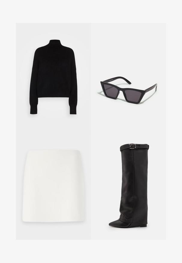 Suéter negro de cuello alto con mangas largas, diseño corto, textura de punto y puños ajustados. Color sólido y simple, sin patrones.; Minifalda blanca ajustada con una textura suave y líneas limpias. Sin patrones ni herrajes visibles. Dobladillo recto en la parte inferior.; Steve Madden CORENNE - Botas de tacón - black; Gafas de sol negras y angulares con lentes grises; fabricadas en plástico, con varillas gruesas de superficie suave y sin herrajes visibles.; Bolso de mano de ante negro con cierre de cremallera y correa para la muñeca desmontable. Presenta herrajes en tono dorado y una textura lisa y mate.