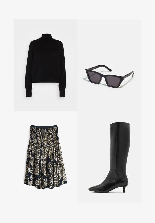 Maglione a collo alto nero con maniche lunghe, design crop, texture lavorata a maglia e polsini aderenti. Semplice, di un colore uniforme senza motivi.; Gonna a ruota in tessuto blu navy con un audace motivo botanico beige. L'elastico in vita e il design plissettato creano volume. Tessuto leggero.; Zign Stivali alti - black; Occhiali da sole neri e angolari con lenti grigie; realizzati in plastica, con aste spesse dalla superficie liscia e senza hardware visibile.; Borsa a pochette nera in suede con chiusura a zip e tracolla rimovibile. Presenta hardware in tonalità oro e una texture liscia e opaca.