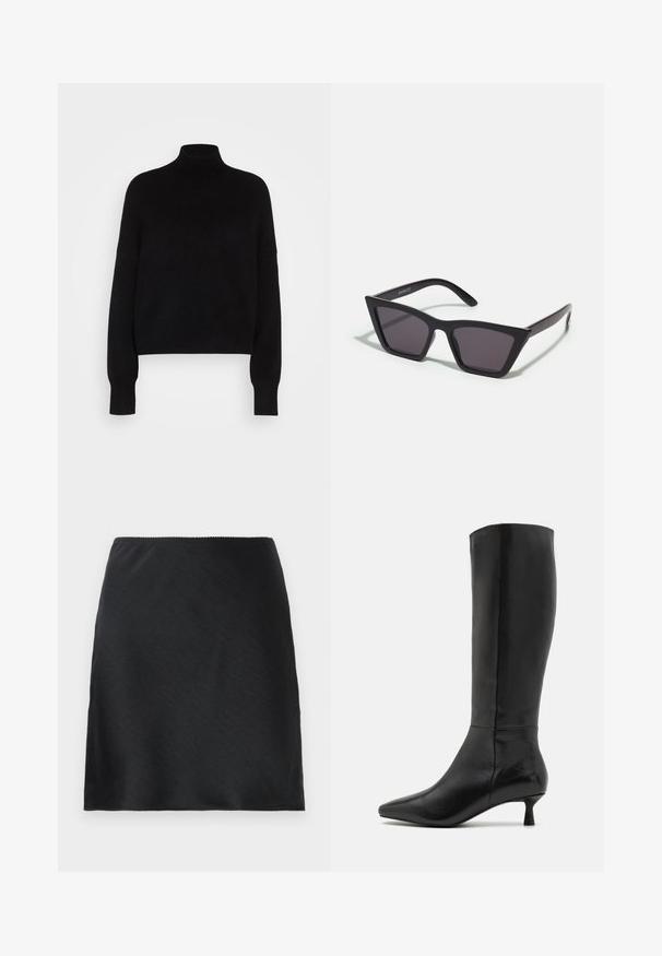 Črna turtleneck pulover s dolgimi rokavi, krajša zasnova, pletena tekstura in oprijeti manšeti. Preprost, enobarven brez vzorcev.; Črna satenska mini krila z gladko teksturo in ravnim robom, prikazana na enotnem belem ozadju.; Zign Škornji - black; Črne, angularne sončne očala z sivimi lečami; izdelana iz plastike, imajo debele ročke z gladko površino in brez vidne opreme.; Črna semiš torbica z zadrgo in odstranljivim zapestnim trakom. Ima zlate kovinske dodatke in gladko, mat površino.