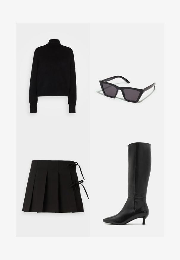 Čierny rolák s dlhými rukávmi, skrátený strih, pletená textúra a priliehavé manžety. Jednoduchá, jednoliata farba bez vzorov.; Čierna plisovaná sukňa so bočnými šnúrkami, vyrobená z látky s hladkou textúrou; disponuje štruktúrovaným dizajnom a čistými líniami.; Zign Čižmy - black; Čierne, ostré slnečné okuliare so sivými sklami; vyrobené z plastu, majú hrubé ramená s hladkým povrchom a bez viditeľnej mechaniky.; Čierna semišová kabelka na ruku so zipsovým uzáverom a odnímateľným zápästným popruhom. Obsahuje zlaté kovové komponenty a hladký, matný povrch.