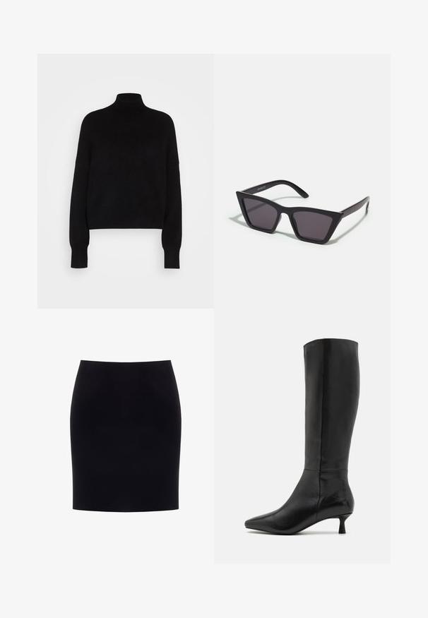 Czarny sweter z golfem, z długimi rękawami, krótki fason, dziany teksturą i dopasowanymi mankietami. Prosty, jednolity kolor bez wzorów.; Czarna, do kolan, ołówkowa spódnica z dopasowaną talią i gładkim, jednolitym materiałem, prezentowana na białym tle.; Zign - Kozaki; Czarne, kanciaste okulary przeciwsłoneczne z szarymi soczewkami; wykonane z plastiku, z grubymi zausznikami o gładkiej powierzchni i bez widocznych elementów metalowych.; Czarna zamszowa kopertówka z zapięciem na zamek i odpinanym paskiem na nadgarstek. Wyposażona w elementy w kolorze złotym oraz gładką, matową fakturę.