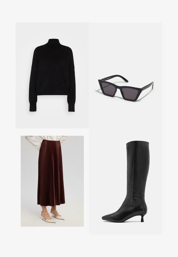 Črna turtleneck pulover s dolgimi rokavi, krajša zasnova, pletena tekstura in oprijeti manšeti. Preprost, enobarven brez vzorcev.; Plisé burgundska krila z visokim pasom, tekočim dizajnom in sijočo teksturo, v kombinaciji z belimi kliničnimi čevlji z gležnjenimi trakovi.; Zign Škornji - black; Črne, angularne sončne očala z sivimi lečami; izdelana iz plastike, imajo debele ročke z gladko površino in brez vidne opreme.; Črna semiš torbica z zadrgo in odstranljivim zapestnim trakom. Ima zlate kovinske dodatke in gladko, mat površino.