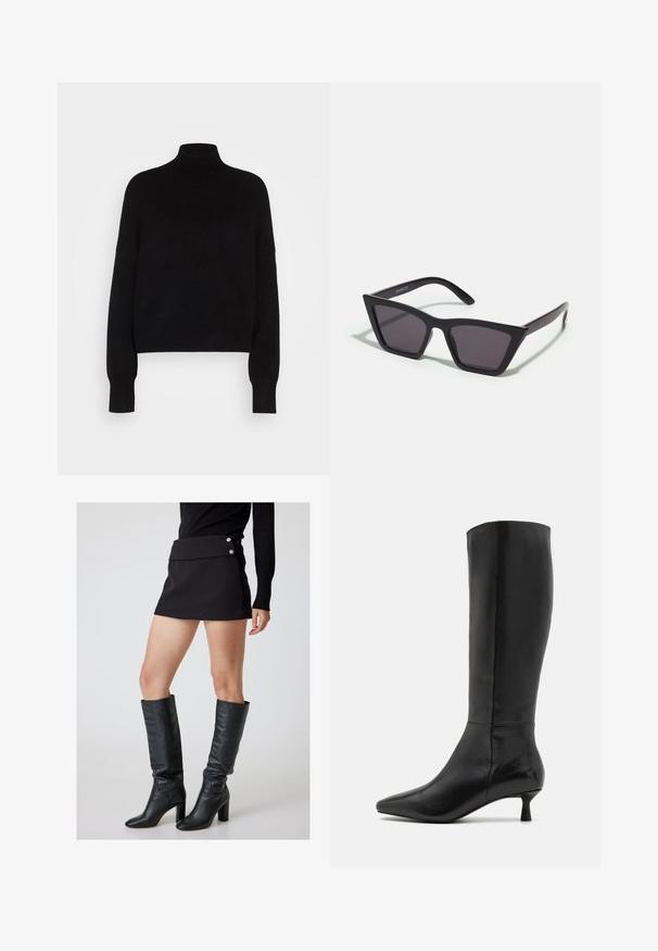 Zwarte coltrui met lange mouwen, cropped ontwerp, gebreide textuur en aansluitende manchetten. Eenvoudig, effen kleur zonder patronen.; Zwarte mini-jurk met een omgevouwen tailleband en zilveren knopen, gecombineerd met knie-hoge zwarte leren laarzen met een chunky hak.; Zign Laarzen - black; Zwarte, hoekige zonnebril met grijze lenzen; gemaakt van plastic, met dikke armen met een gladde oppervlakte en zonder zichtbare hardware.; Zwarte suède clutchtas met een ritssluiting en een afneembare polsband. Voorzien van goudkleurige hardware en een gladde, matte textuur.