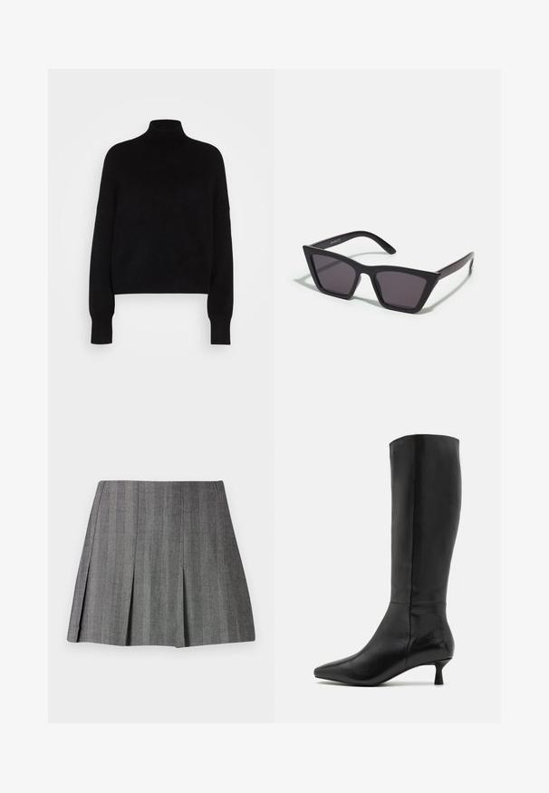 Suéter negro de cuello alto con mangas largas, diseño corto, textura de punto y puños ajustados. Color sólido y simple, sin patrones.; Falda gris plisada en una tela texturizada con rayas verticales, que presenta una cintura ajustada y una silueta en A.; Zign Botas - black; Gafas de sol negras y angulares con lentes grises; fabricadas en plástico, con varillas gruesas de superficie suave y sin herrajes visibles.; Bolso de mano de ante negro con cierre de cremallera y correa para la muñeca desmontable. Presenta herrajes en tono dorado y una textura lisa y mate.