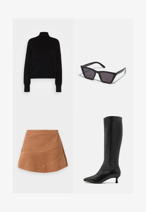 Juodas aukštas megztinis su ilgomis rankovėmis, trumpinta forma, megztos tekstūros ir prigludusiomis rankovėmis. Paprasta, vientisa spalva be raštų.; Ruda spalva velveto mini sijonas su platėjimo dizainu, pasižymintis lygiu paviršiumi ir subtiliomis vertikaliomis linijomis, sukurtomis iš audinio bronzinių raštų.; Zign Batai - black; Juodos, kampuotos saulės akinios su pilkais stiklais; pagaminti iš plastiko, su storomis šakėmis, turinčiomis lygų paviršių ir be matomų detalių.; Juodas zomšos sankabos krepšys su užtrauktuku ir nuimamu riešo dirželiu. Krepšys turi auksinės spalvos detales ir lygią, matinę tekstūrą.