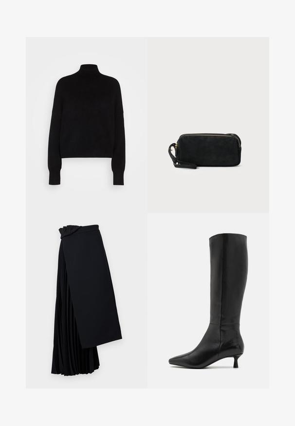 Schwarzer Rollkragenpullover mit langen Ärmeln, cropped Design, gestrickte Textur und eng anliegenden Bündchen. Einfach, einfarbig ohne Muster.; Schwarzer plissierter Rock aus leichtem Stoff. Verfügt über ein drapierendes Taillendesign und eine fließende Silhouette mit geschichteten Falten.; Zign Stiefel - black; Schwarze Wildleder-Clutch mit einem Reißverschluss und abnehmbarem Handgelenkband. Verfügt über goldfarbene Hardware und eine glatte, matte Oberfläche.