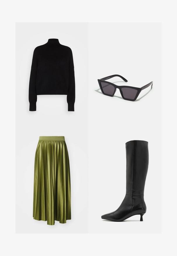 Sweater preto de gola alta com mangas longas, design curto, textura tricotada e punhos justos. Simples, de cor sólida sem padrões.; Saia midi plissada em seda verde-azeitona, apresentando um cós elástico largo e uma silhueta fluida com pregas verticais.; Zign Botas - black; Óculos de sol pretos, angulares, com lentes cinzas; feitos de plástico, apresentando hastes grossas com uma superfície lisa e sem hardware visível.; Clutch bag preta em camurça, com fecho em zíper e alça de pulso removível. Apresenta acessórios em tom dourado e uma textura suave e fosca.