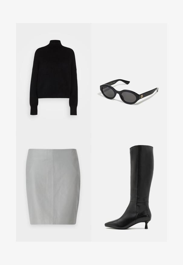 Maglione a collo alto nero con maniche lunghe, design crop, texture lavorata a maglia e polsini aderenti. Semplice, di un colore uniforme senza motivi.; Gonna a matita in pelle grigia con una texture liscia, caratterizzata da un design semplice e una cucitura centrale che corre verticalmente lungo il retro.; Zign Stivali alti - black; Occhiali da sole neri a forma ovale con lenti scure e montatura in plastica lucida. Presentano un logo dorato sulla stanghetta, offrendo un design elegante e moderno.; Borsa a pochette nera in suede con chiusura a zip e tracolla rimovibile. Presenta hardware in tonalità oro e una texture liscia e opaca.