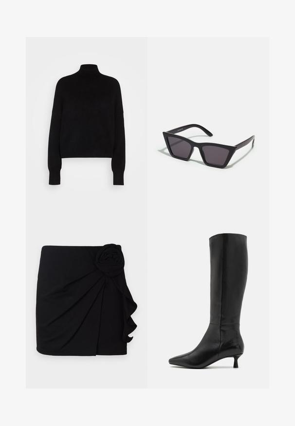 Juodas aukštas megztinis su ilgomis rankovėmis, trumpinta forma, megztos tekstūros ir prigludusiomis rankovėmis. Paprasta, vientisa spalva be raštų.; Juoda mini sijonas, pagamintas iš minkštos medžiagos su klostėtu dizainu. Pusėje yra medžiaginė rožė, o apačioje - banguotas kraštas.; Zign Batai - black; Juodos, kampuotos saulės akinios su pilkais stiklais; pagaminti iš plastiko, su storomis šakėmis, turinčiomis lygų paviršių ir be matomų detalių.; Juodas zomšos sankabos krepšys su užtrauktuku ir nuimamu riešo dirželiu. Krepšys turi auksinės spalvos detales ir lygią, matinę tekstūrą.