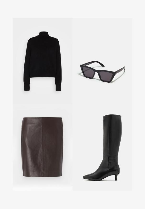 Musthave mustriba mustra pika pikendatud disain, kudumise tekstuur ja tihedad mansetid. Lihtne, ühtlane värv ilma mustriteta.; Pruun nahkne seelik sirge lõikega, sileda tekstuuriga ja minimaalse õmblusega. Omab keskmise pikkusega disaini ilma kaunistusteta.; Zign Saapad - black; Mustad mustrakellad, millel on hallid šabloonid; valmistatud plastist, paksude ja siledate kätega, ilma nähtava riistvarata.; Mustan sametist käsipakiga kotike, millel on tõmblukuga sulgemine ja eemaldatav randme rihm. Omab kuldse tooni riistu ja sileda, mati tekstuuri.