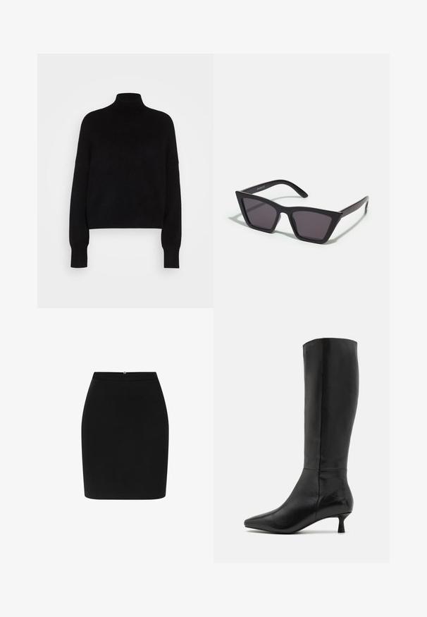 Schwarzer Rollkragenpullover mit langen Ärmeln, cropped Design, gestrickte Textur und eng anliegenden Bündchen. Einfach, einfarbig ohne Muster.; Schwarzer Bleistiftrock mit angepasstem Design, strukturiertem Stoff und einem dezenten Rückenverschluss. Nahtloser Abschluss ohne sichtbare Muster oder Verzierungen.; Zign Stiefel - black; Schwarze, eckige Sonnenbrille mit grauen Gläsern; aus Kunststoff gefertigt, mit dicken Bügeln, die eine glatte Oberfläche und keine sichtbaren Beschläge haben.; Schwarze Wildleder-Clutch mit einem Reißverschluss und abnehmbarem Handgelenkband. Verfügt über goldfarbene Hardware und eine glatte, matte Oberfläche.