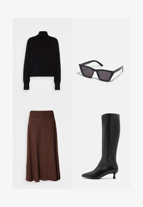 Černý rolák s dlouhými rukávy, zkrácený střih, pletená textura a přitažené manžety. Jednoduchá, jednobarevná bez vzorů.; Hnědá maxi sukně s hladkou texturou, širokým elastickým pasem a splývavým designem, vhodná pro neformální i poloformální nošení.; Zign Vysoká obuv - black; Černé, ostré sluneční brýle s šedými skly; vyrobené z plastu, s mohutnými rameny a hladkým povrchem bez viditelného hardwaru.; Černá semišová kabelka na ruku se zipovým uzávěrem a odnímatelným zápěstním řemínkem. Vybaveno zlatými kovovými detaily a hladkým, matným povrchem.