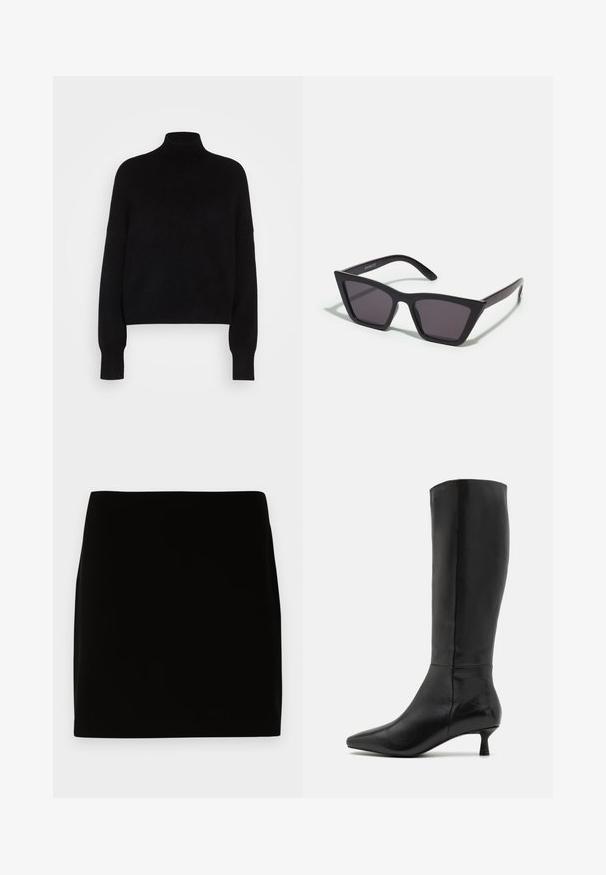 Čierny rolák s dlhými rukávmi, skrátený strih, pletená textúra a priliehavé manžety. Jednoduchá, jednoliata farba bez vzorov.; Čierna mini sukňa vyrobená z hladkej látky, s jednoduchým dizajnom bez viditeľných švov alebo ozdôb. Čisté línie a priame strih.; Zign Čižmy - black; Čierne, ostré slnečné okuliare so sivými sklami; vyrobené z plastu, majú hrubé ramená s hladkým povrchom a bez viditeľnej mechaniky.; Čierna semišová kabelka na ruku so zipsovým uzáverom a odnímateľným zápästným popruhom. Obsahuje zlaté kovové komponenty a hladký, matný povrch.