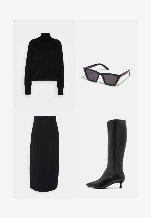 Black turtleneck sweater with long sleeves, cropped design, knitted texture, and fitted cuffs. Simple, solid color without patterns.; Black pencil skirt made of smooth fabric. High-waisted design with a straight cut, featuring a back zip closure and no distinct patterns.; Zign Boots - black; Black, angular sunglasses with gray lenses; made of plastic, featuring thick arms with a smooth surface and no visible hardware.; Black suede clutch bag with a zip closure and detachable wrist strap. Features gold-tone hardware and a smooth, matte texture.