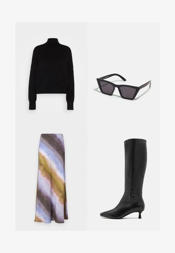 Sweater preto de gola alta com mangas longas, design curto, textura tricotada e punhos justos. Simples, de cor sólida sem padrões.; Saia maxi em tecido suave com um padrão tie-dye em tons de roxo, castanho e verde. Design evasê com uma textura suave e fluida.; Zign Botas - black; Óculos de sol pretos, angulares, com lentes cinzas; feitos de plástico, apresentando hastes grossas com uma superfície lisa e sem hardware visível.; Clutch bag preta em camurça, com fecho em zíper e alça de pulso removível. Apresenta acessórios em tom dourado e uma textura suave e fosca.