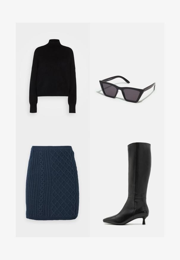 Schwarzer Rollkragenpullover mit langen Ärmeln, cropped Design, gestrickte Textur und eng anliegenden Bündchen. Einfach, einfarbig ohne Muster.; Marineblauer, gestrickter Minirock mit Rippen- und Zopfmuster, der eine strukturierte Oberfläche und eine taillierte Passform aufweist.; Zign Stiefel - black; Schwarze, eckige Sonnenbrille mit grauen Gläsern; aus Kunststoff gefertigt, mit dicken Bügeln, die eine glatte Oberfläche und keine sichtbaren Beschläge haben.; Schwarze Wildleder-Clutch mit einem Reißverschluss und abnehmbarem Handgelenkband. Verfügt über goldfarbene Hardware und eine glatte, matte Oberfläche.